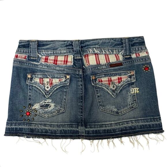 Missme Rare Y2K Denim Plaid Studded Gem Micro Mini Skirt Size Medium‎ Low Rise - Picture 1 of 12